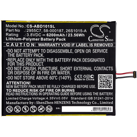 Premium 6200mAh Cameron Sino Battery for Amazon Kindle Fire HD10.1, Kindle Fire HD 10.1 7th, SL056ZE; P/N: 26S1015-A, 2955C7, 58-000187, 58-000280